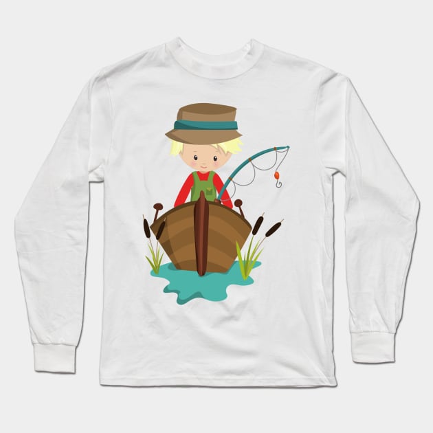 Fishing Boy, Fisherman, Fishing Rod, Blond Hair Long Sleeve T-Shirt by Jelena Dunčević